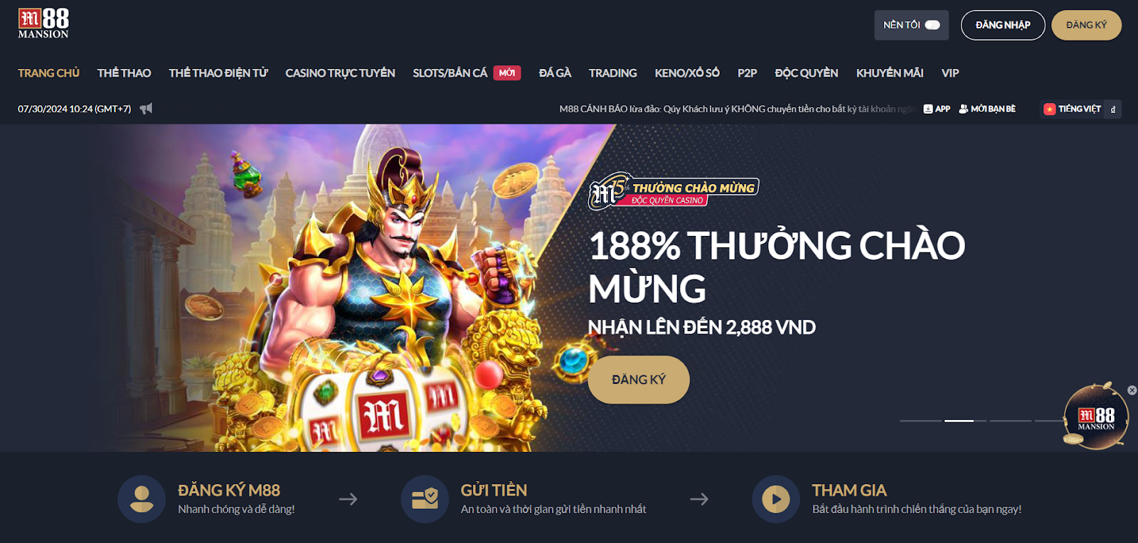 Giao diện trang chủ M88