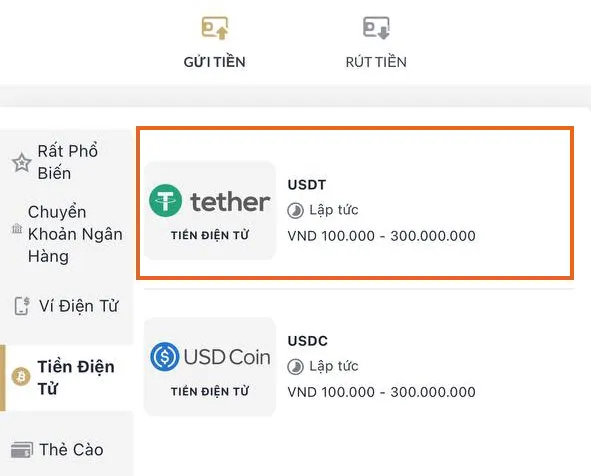 Chọn phương thức Tiền Điện Tử trên M88
