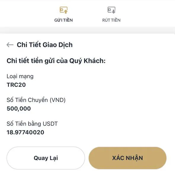Kiểm tra chi tiết giao dịch gửi tiền M88 bằng USDT